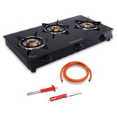 Renewed est Neo Gas Stove | 3 Burners (2 Medium, 1 Small) | Premium Glass Surface | Space Saving Design | Brass Burners | ISI Approved | Free Gas Lighter and Kitchen Knife | 1-Year Warranty