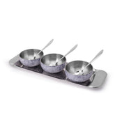 Modena Stainless-steel 7 Pc. Condiment Set, 3 Bowls, 3 Spoons, 1 Tray, Serve Dry Snacks, Chutneys, Dry Fruits, Pickles, Coloured Exterior Design, Perfect Festive Wedding Gift, 1-Yr Warranty
