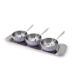 Modena Stainless-steel 7 Pc. Condiment Set, 3 Bowls, 3 Spoons, 1 Tray, Serve Dry Snacks, Chutneys, Dry Fruits, Pickles, Coloured Exterior Design, Perfect Festive Wedding Gift, 1-Yr Warranty