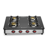Regal 4 Brass Burner Gas Stove, LPG Gas Stove for Kitchen, ISI Toughened Glass Surface, SS Frame, Spill-proof Design, Ergonomic Knobs, 2-Yr Warranty