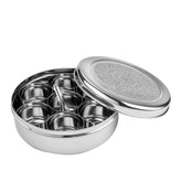 Ambrosia Stainless-steel Spice Box | 7 Containers, 1 Small Spoon | Premium Inlay Design on Stainless-steel Lid | Food-grade, Non-corrosive, Sturdy | Silver | 1-year Warranty