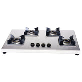 Inox 4 Brass Burner Hobtop, Thick Stainless-steel Construction, LPG Gas Stove for Kitchen, SABAF Leak-proof Valves, Spill-proof Design, Premium Metal Knobs, 2-Yr Warranty