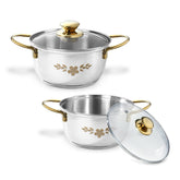 Gold Stanton 2 Pc Casserole Set with Glass Lids, 20 cm/22 cm, Chemical-free Food-grade Stainless-steel, Gold Finish, Use for Cooking & Serving, Stackable, Gift for Occasions, 1-Yr Warranty
