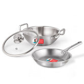 Stella Triply Stainless Steel Cookware Set | 3 Pcs. | Fry Pan 22 cm, Kadhai 22 cm + Lid | For Gas Stove, Induction, Ceramic Cooktop | Uniform Heating | Heavy-duty Handle | 10-year Warranty