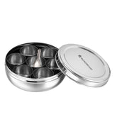 Ambrosia Stainless-steel Masala Box, 7 Containers, 1 Small Spoon, Airtight Stainless-steel Lid, Spice Organizer for Kitchen, Food-grade, Non-corrosive, Sturdy, Silver, 1-Yr Warranty