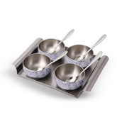 Modena Stainless-steel 9 Pc. Condiment Set, 4 Bowls, 4 Spoons, 1 Tray, Serve Dry Snacks, Chutneys, Dry Fruits, Pickles, Coloured Exterior Design, Perfect Festive Wedding Gift, 1-Yr Warranty