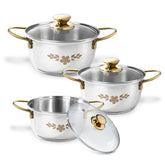Gold Stanton Stainless Steel 3 piece Casserole Set with Glass Lid | Golden knobs and handles | Induction & Gas Stove friendly | Set of 3 (1.6L, 2.3L, 3.1L) | 1 Year Warranty