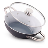 Eco-Glide Ceramic Kadhai 24cm with Glass Lid, 2.5L Non-Toxic, Chemical & PFOA Free, Low Oil Cooking, Scratch-resistant, Stainless-steel Handle, Gas+Induction Compatible, 2-Yr Warranty, Grey
