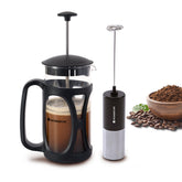 French Press Coffee Maker 350 ml with Milk Frother | Heat Resistant Borosilicate Glass Carafe | 18/8 Stainless Steel 4 -Level Strainer System | Brew in 3 Mins | Battery-Operated Frother | 1 Year Warranty