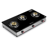 Regal 3 Brass Burner Gas Stove, LPG Gas Stove for Kitchen, ISI Toughened Glass Surface, SS Frame, Spill-proof Design, Ergonomic Knobs, 2-Yr Warranty
