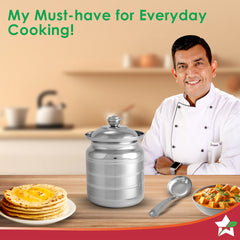 Ambrosia Premium Stainless-steel Ghee Pot with Spoon & Lid, 500 ml, Tight SS Lid, Rust-resistant & Durable Material, Ghee Storage for Kitchen, Multi-purpose Use, Silver, 1-Yr Warranty