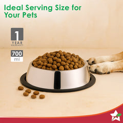 Ambrosia Stainless-steel Pet Bowl, Feeding Bowl for Dogs Cats Rabbits Puppies, 700 ml, Anti-skid, Mess-free Eating, Scratch-resistant, Non-porous, Light-weight, Silver, 1-Yr Warranty