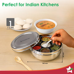 Ambrosia Stainless-steel Masala Box, 7 Containers, 1 Small Spoon, Airtight Stainless-steel Lid, Spice Organizer for Kitchen, Food-grade, Non-corrosive, Sturdy, Silver, 1-Yr Warranty