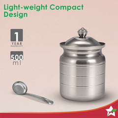 Ambrosia Premium Stainless-steel Ghee Pot with Spoon & Lid, 500 ml, Tight SS Lid, Rust-resistant & Durable Material, Ghee Storage for Kitchen, Multi-purpose Use, Silver, 1-Yr Warranty