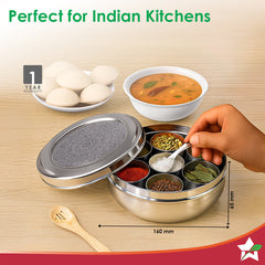 Ambrosia Stainless-steel Spice Box | 7 Containers, 1 Small Spoon | Premium Inlay Design on Stainless-steel Lid | Food-grade, Non-corrosive, Sturdy | Silver | 1-year Warranty