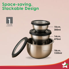 Ambrosia Stainless-steel 3 Pc. Mixing Bowl Set with Transparent Lid, 10 cm (300ml), 14 cm (470ml), 18 cm (1.5 L) | Stackable, Food-grade, Non-corrosive, Sturdy | Use to Mix, Marinate, Serve | 1-year Warranty
