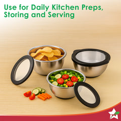 Ambrosia Stainless-steel 3 Pc. Mixing Bowl Set with Transparent Lid, 10 cm (300ml), 14 cm (470ml), 18 cm (1.5 L) | Stackable, Food-grade, Non-corrosive, Sturdy | Use to Mix, Marinate, Serve | 1-year Warranty