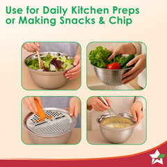 Modena Stainless-steel Bowl with Strainer, Grater | Multi-slot Lid for Fine/Coarse Grating | Food-grade, Non-corrosive, Sturdy | Use to Mix, Grate, Wash, Serve | Anti-skid | 1-year Warranty