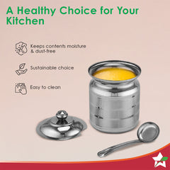 Ambrosia Premium Stainless-steel Ghee Pot with Spoon & Lid, 500 ml, Tight SS Lid, Rust-resistant & Durable Material, Ghee Storage for Kitchen, Multi-purpose Use, Silver, 1-Yr Warranty