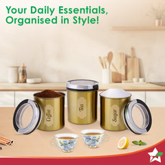 Ambrosia Kitchen Organiser 3 Pc. Set with See-through Lid for Kitchen/Dining Table, Store Tea Coffee Sugar, Airtight Transparent Lid with Silicone Lock Mechanism, 1-Yr Warranty, Gold Finish