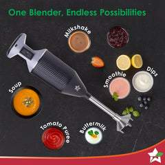 Prima Plus Electric 250W Hand Blender | Portable | Hot & Cold Blending | Food Grade SS Blades | 2 Speed Button | 3 Removable Blades for Blending, Whisking, Chopping | Make Puree, Baby Food, Soup, Smoothie | Wall Mount Holder | 2 Years Warranty | Black