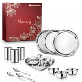 Harmony Premium Stainless-Steel Dinner & Pooja Gift Set | Plates, Bowls, Glasses, Spoons, Pooja Thali, Diya & Agarbatti Stand | Elegant Red Gift Box for Weddings, Festivals, Housewarmings
