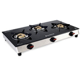 Galaxy 3 Burner Gas Stove | 2 Medium, 1 Small Wide Spaced Burners | Highly Efficient Tri-pin Brass Burners | Precise Flame Control | BIS Approved 6mm Toughened Glass Top | 2 Year Warranty
