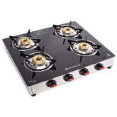 Galaxy 4 Burner Gas Stove | 2 Medium, 2 Small Wide Spaced Burners | Highly Efficient Tri-pin Brass Burners | Precise Flame Control | BIS Approved 6mm Toughened Glass Top | 2 Year Warranty