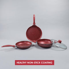 Garnet Non-Stick Cookware Set of 4 | Kadhai with Glass Lid 24cm, Fry Pan 24cm & Dosa Tawa 28cm | Induction Friendly cookware | PFOA Free | 2 Year Warranty | Red