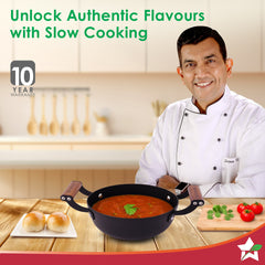 Ferro Light-weight Cast-iron Kadhai | 20cm | Pre-seasoned with 100% Vegetable Oil | 40% Lighter than Regular Cast-iron Cookware | Cool-touch Real Acacia Wood Handles | 10-Year Warranty