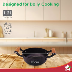 Ferro Light-weight Cast-iron Kadhai | 20cm | Pre-seasoned with 100% Vegetable Oil | 40% Lighter than Regular Cast-iron Cookware | Cool-touch Real Acacia Wood Handles | 10-Year Warranty