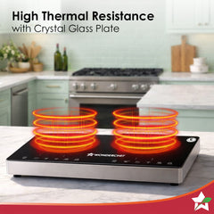Evita Duo Infrared Electric Cooktop with Crystal Glass Surface, 2 Burners, 1600W/2000W, Led Display, Compatible with Steel,Ceramic,Cast-iron,Aluminium Cookware, Auto Cut-off, 2-Yr Warranty
