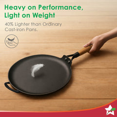 Ferro Light-weight Cast-iron Dosa Tawa | 30cm | Pre-seasoned with 100% Vegetable Oil | 40% Lighter than Regular Cast-iron Cookware | Cool-touch Real Acacia Wood Handles | 10-Year Warranty