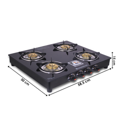 Renewed Ultima 4 Burner Manual Glass Gas Stove | 6mm Toughened Glass Gas Stove | Stainless Steel Drip tray | Anti-Skid Legs | Large Pan support | Manual Ignition | 360 degree Revolving Nozzle | Black steel frame | 1 Year Warranty | Black