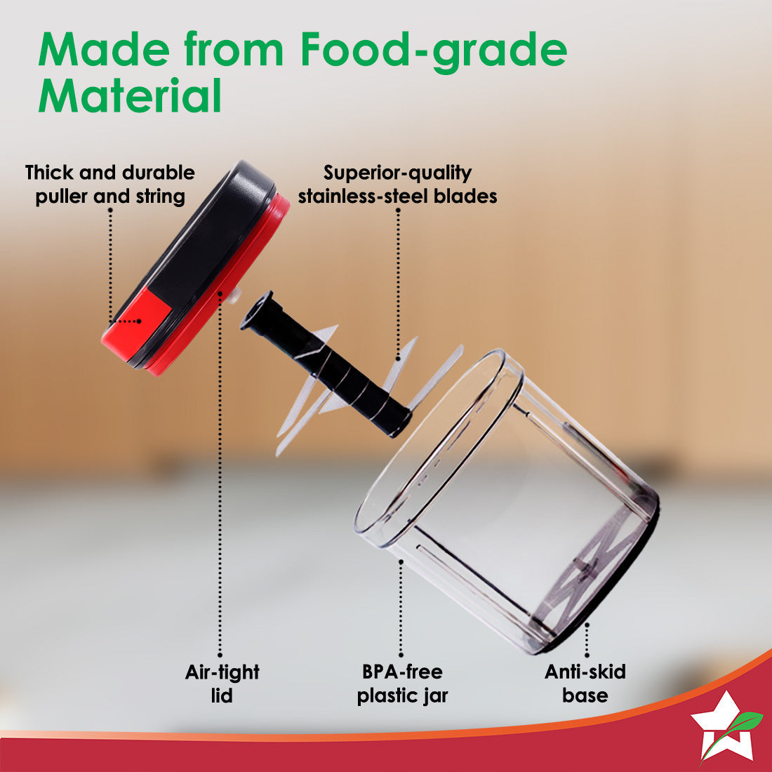 Glory String Vegetable Chopper with 6 Sharp SS Blade, Anti Slip Silicon Base Ring, Air Tight Lid, 900Ml, 1 Year Warranty