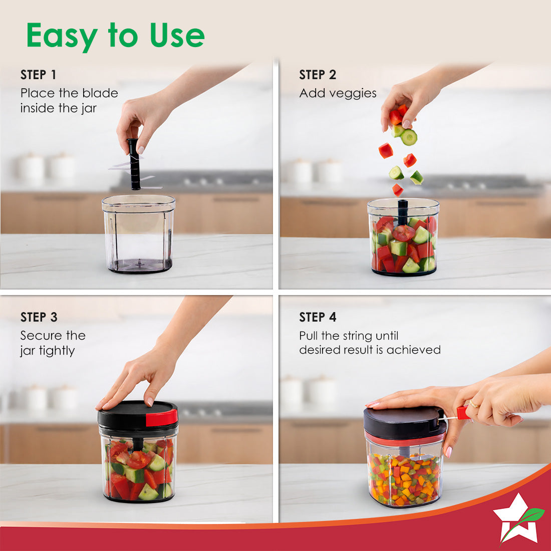 Glory String Vegetable Chopper with 6 Sharp SS Blade, Anti Slip Silicon Base Ring, Air Tight Lid, 900Ml, 1 Year Warranty