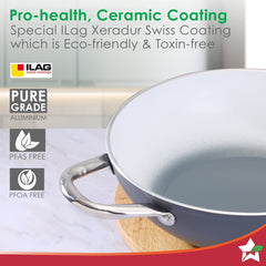 Eco-Glide Ceramic Cookware Set, Kadhai & Glass Lid-24cm, Dosa Tawa-28cm, Non-toxic, Chemical & PFOA Free, Gas/Induction Compatible, 2-Year Warranty