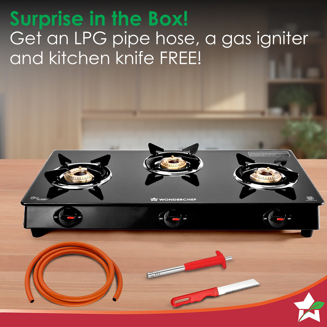 Renewed est Neo Gas Stove | 3 Burners (2 Medium, 1 Small) | Premium Glass Surface | Space Saving Design | Brass Burners | ISI Approved | Free Gas Lighter and Kitchen Knife | 1-Year Warranty