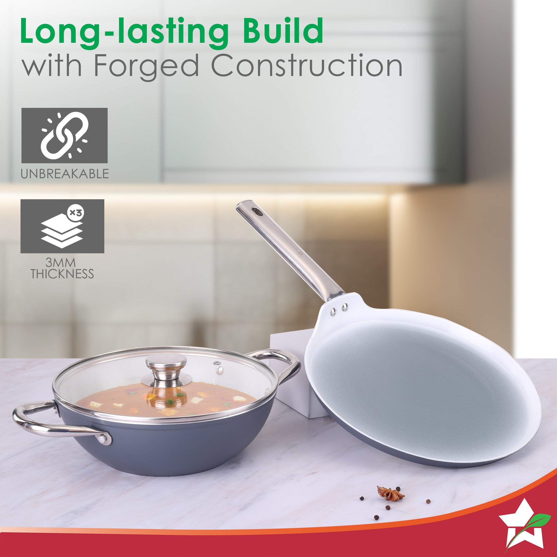 Eco-Glide Ceramic Cookware Set, Kadhai & Glass Lid-24cm, Dosa Tawa-28cm, Non-toxic, Chemical & PFOA Free, Gas/Induction Compatible, 2-Year Warranty