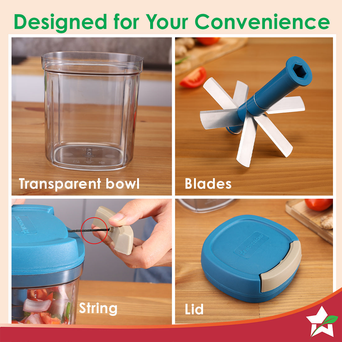Pulse Vegetable String Chopper | Vegetable Cutter | 900ml | 6 Sharp Stainless-steel Blades for Precise Cutting | Transparent Bowl | Anti-slip Design | 1-Year Warranty