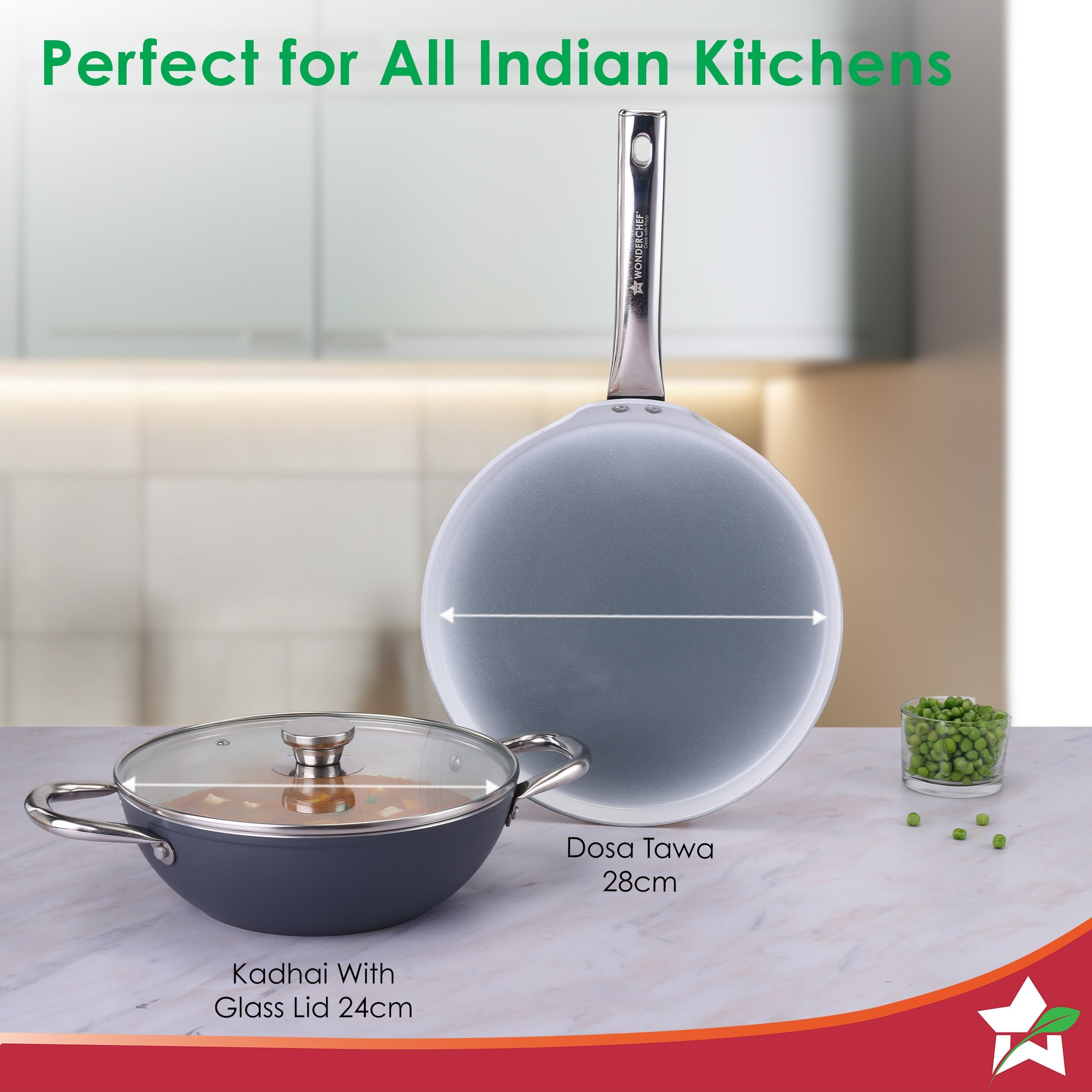 Eco-Glide Ceramic Cookware Set, Kadhai & Glass Lid-24cm, Dosa Tawa-28cm, Non-toxic, Chemical & PFOA Free, Gas/Induction Compatible, 2-Year Warranty