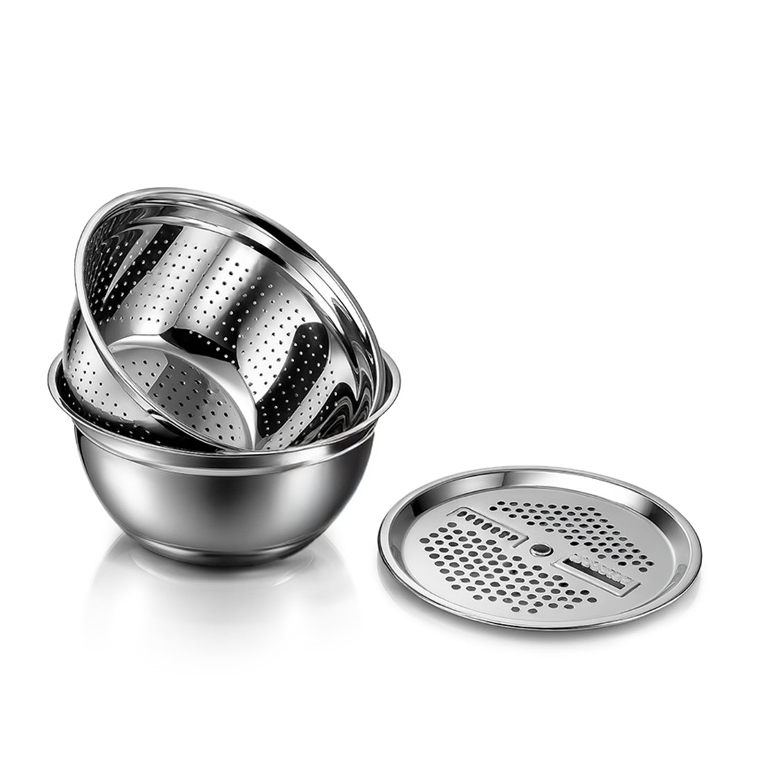 Modena Stainless-steel Bowl with Strainer, Grater | Multi-slot Lid for Fine/Coarse Grating | Food-grade, Non-corrosive, Sturdy | Use to Mix, Grate, Wash, Serve | Anti-skid | 1-year Warranty