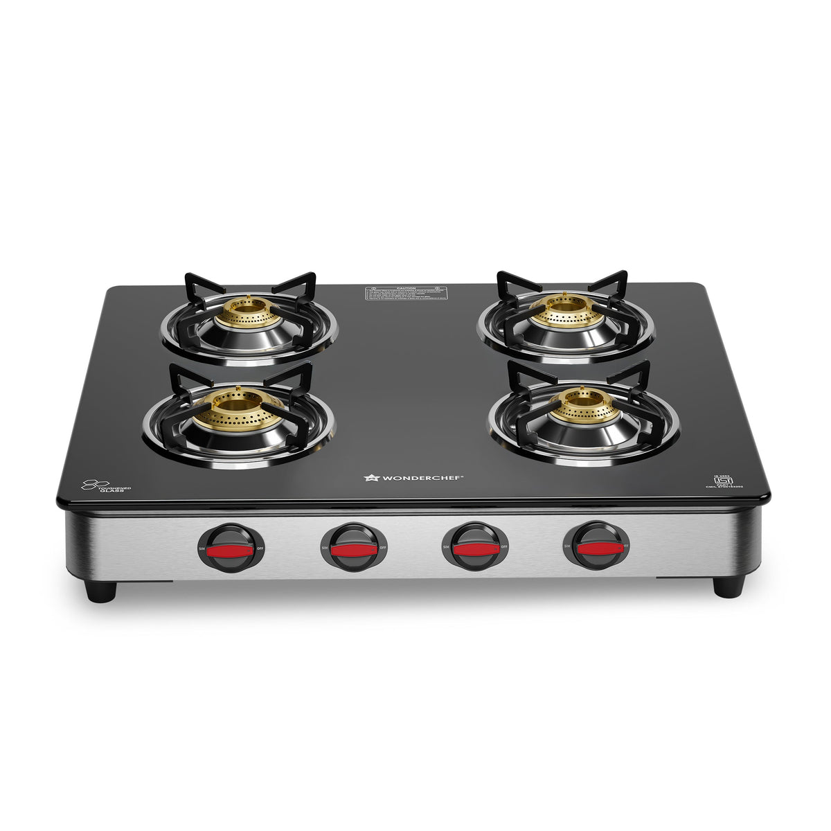 Regal 4 Brass Burner Gas Stove, LPG Gas Stove for Kitchen, ISI Toughened Glass Surface, SS Frame, Spill-proof Design, Ergonomic Knobs, 2-Yr Warranty
