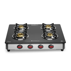 Regal 4 Brass Burner Gas Stove, LPG Gas Stove for Kitchen, ISI Toughened Glass Surface, SS Frame, Spill-proof Design, Ergonomic Knobs, 2-Yr Warranty