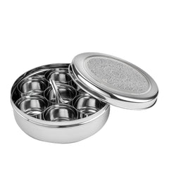 Ambrosia Stainless-steel Spice Box | 7 Containers, 1 Small Spoon | Premium Inlay Design on Stainless-steel Lid | Food-grade, Non-corrosive, Sturdy | Silver | 1-year Warranty