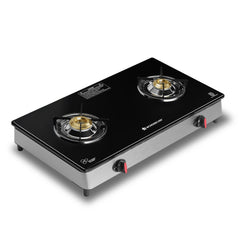 Regal 2 Brass Burner Gas Stove, LPG Gas Stove for Kitchen, ISI Toughened Glass Surface, SS Frame, Spill-proof Design, Ergonomic Knobs, 2-Yr Warranty