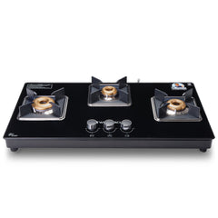 Octavia 3 Burner Glass Hob Top Auto Cooktop | 8mm Toughened Glass | Auto Ignition | Forged Brass Burners | Stainless Steel Drip Tray | Anti-Skid Legs | Large & Heavy Pan support | LPG compatible | Black steel frame | 2 Year Warranty | Black