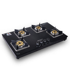 Octavia 4 Burner Glass Hob Top Auto Cooktop | 8mm Toughened Glass | Auto Ignition | Forged Brass Burners | Stainless Steel Drip Tray | Anti-Skid Legs | Large & Heavy Pan support | LPG compatible | Black steel frame | 2 Year Warranty | Black