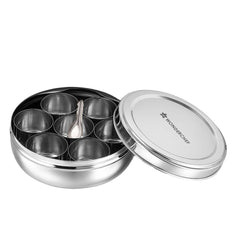 Ambrosia Stainless-steel Masala Box, 7 Containers, 1 Small Spoon, Airtight Stainless-steel Lid, Spice Organizer for Kitchen, Food-grade, Non-corrosive, Sturdy, Silver, 1-Yr Warranty
