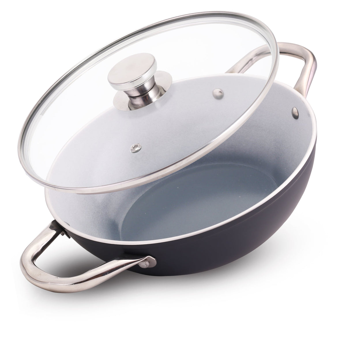 Eco-Glide Ceramic Kadhai 28cm with Glass Lid, 4.3Litre Non-toxic, Chemical Free, Low Oil Cooking, Scratch-resistant, Stainless-steel Handle, Gas+Induction Compatible, 2-Year Warranty, Grey